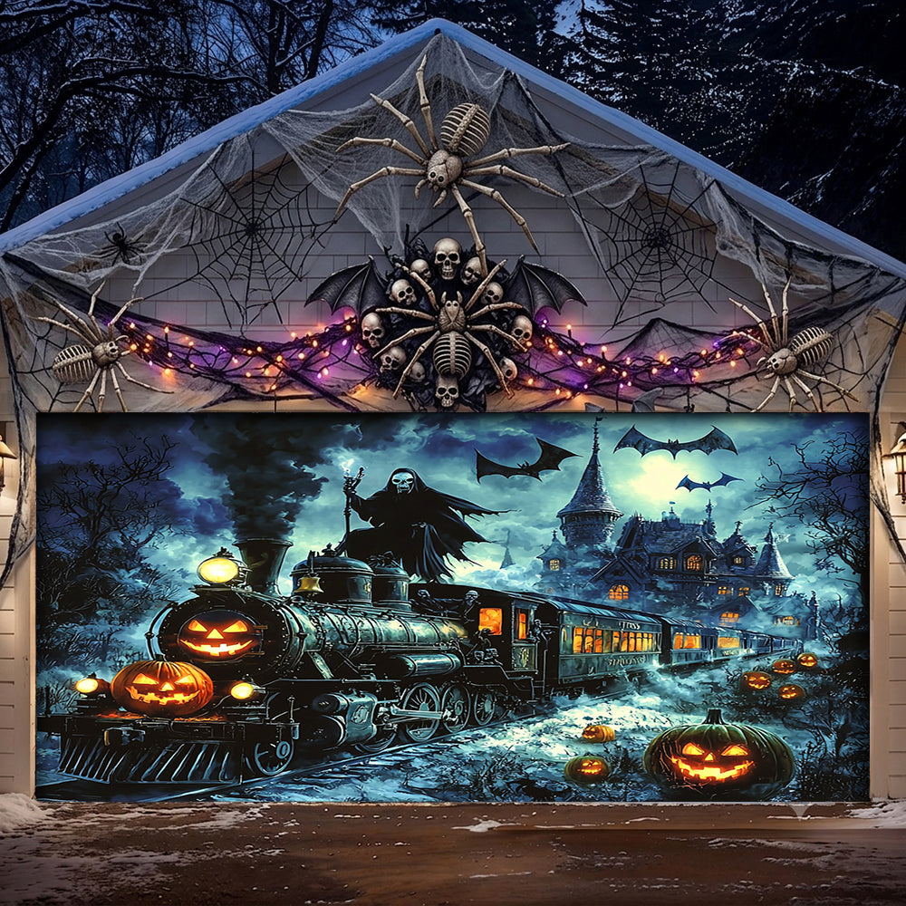 Lorva Halloween Garage Door Banner Decoration Grim Reaper Haunted Train