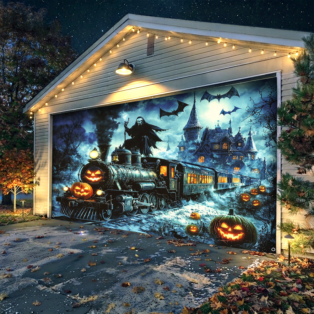 Lorva Halloween Garage Door Banner Decoration Grim Reaper Haunted Train