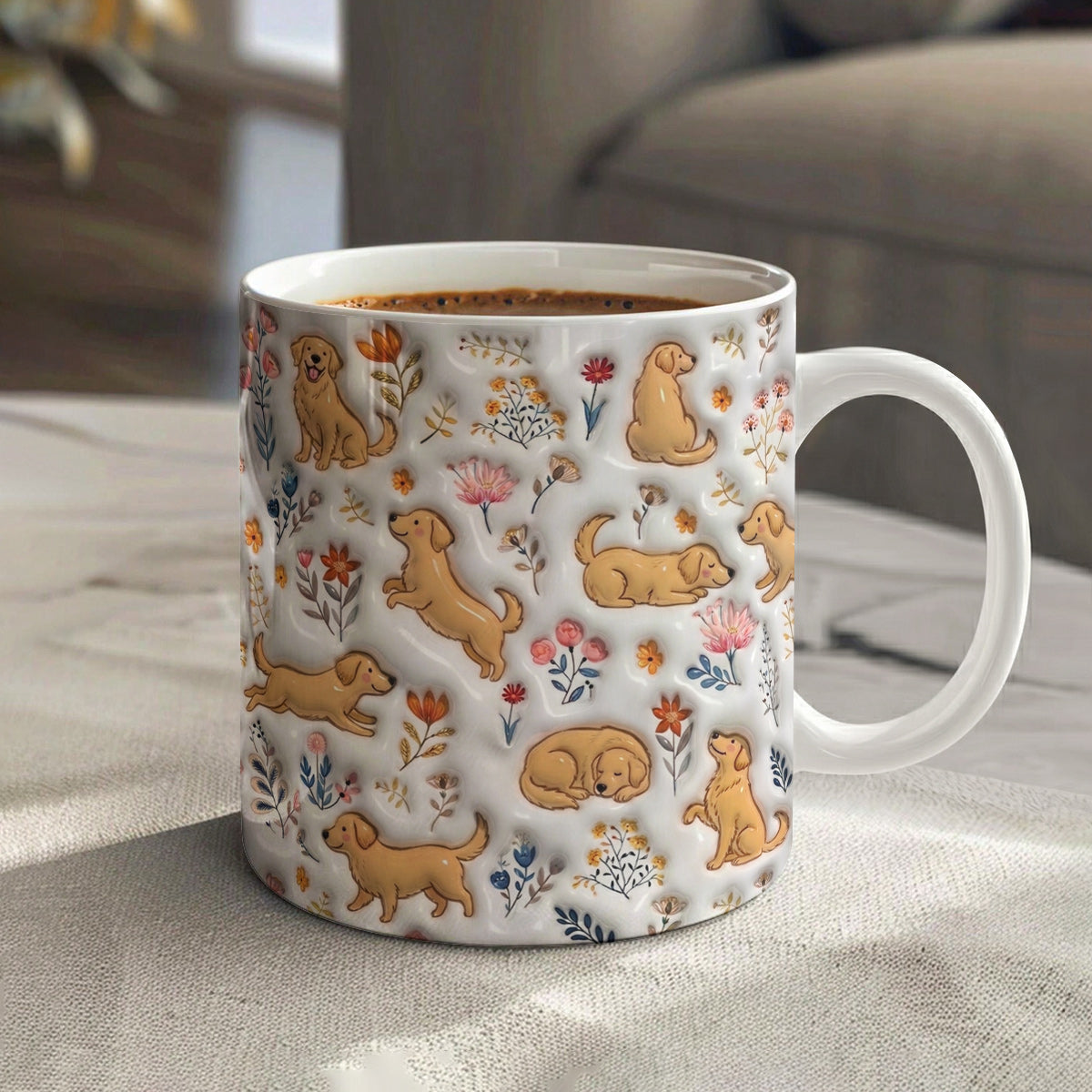 Lorva Golden Retriever Flat Print Mug Cute Field Flowers