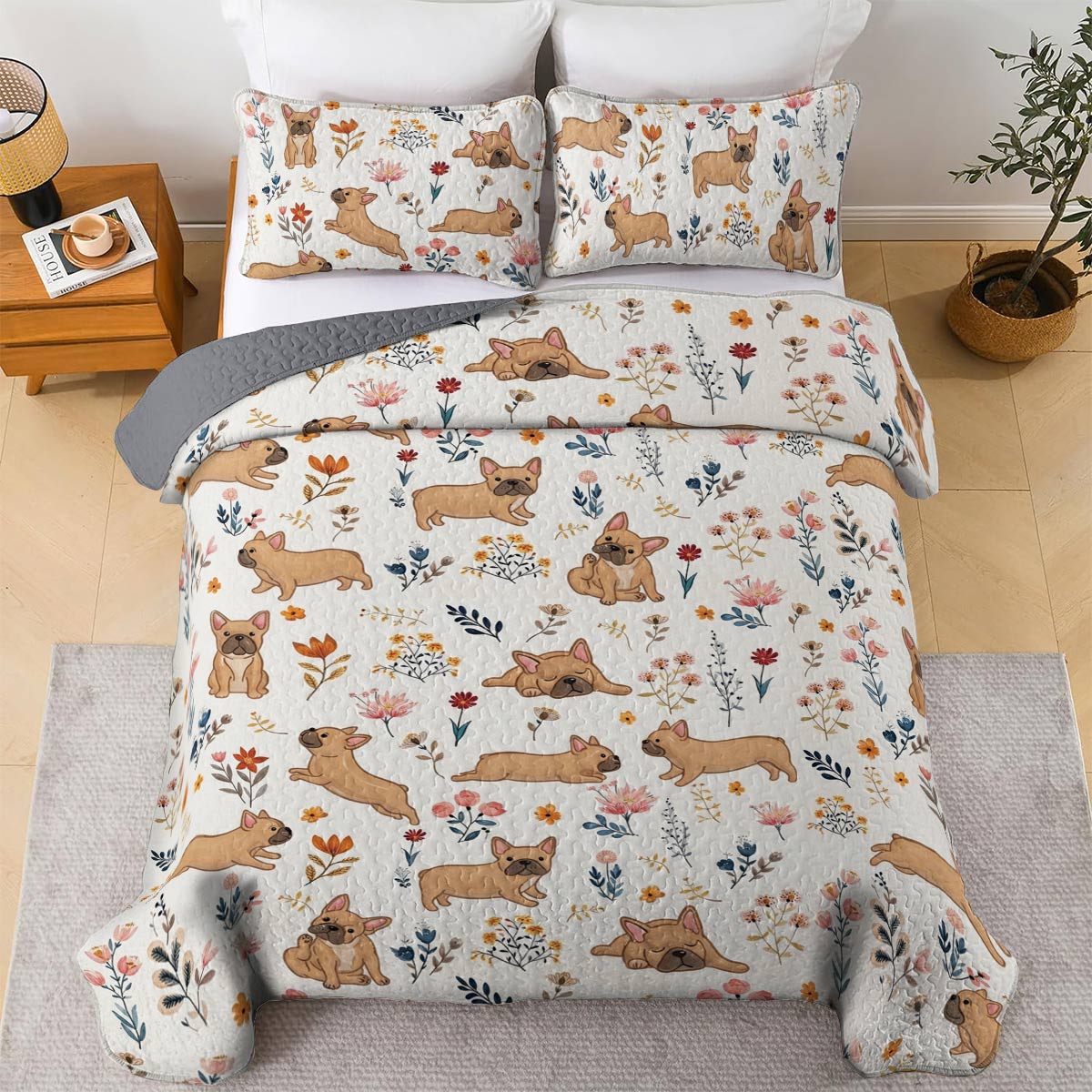 Lorva French Bulldog All Season Quilt 3-Piece Set Happy Field Flowers