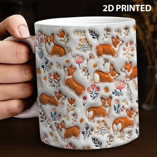 Lorva Corgi Flat Print Mug Field Flowers Lovely