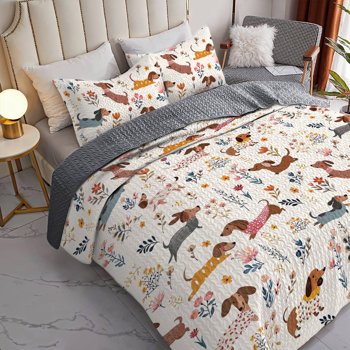 Lorva Dachshund All Season Quilt 3-Piece Set Happy Field Flowers