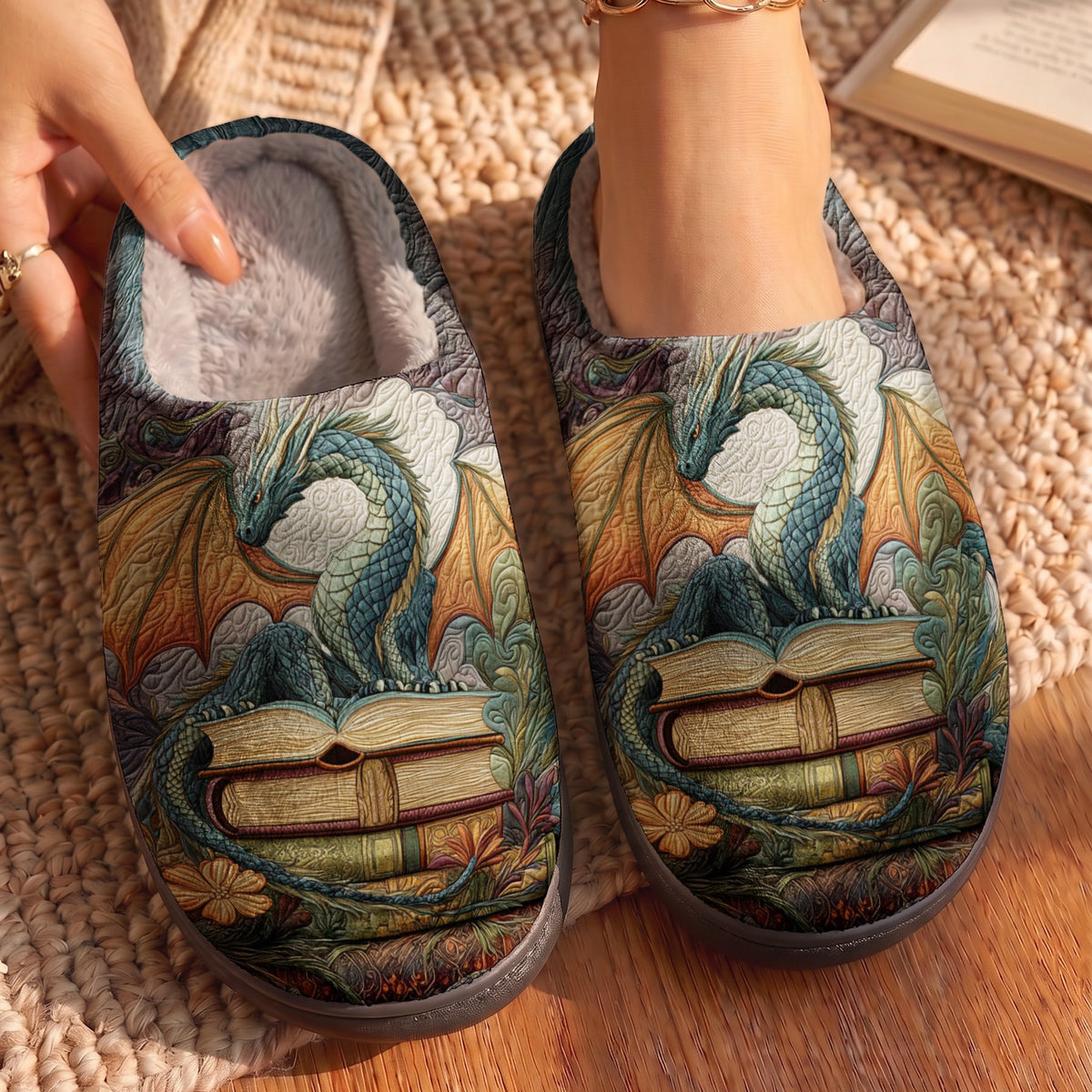 Lorva Reading Fleece Lined Slippers Mystical Book Dragon