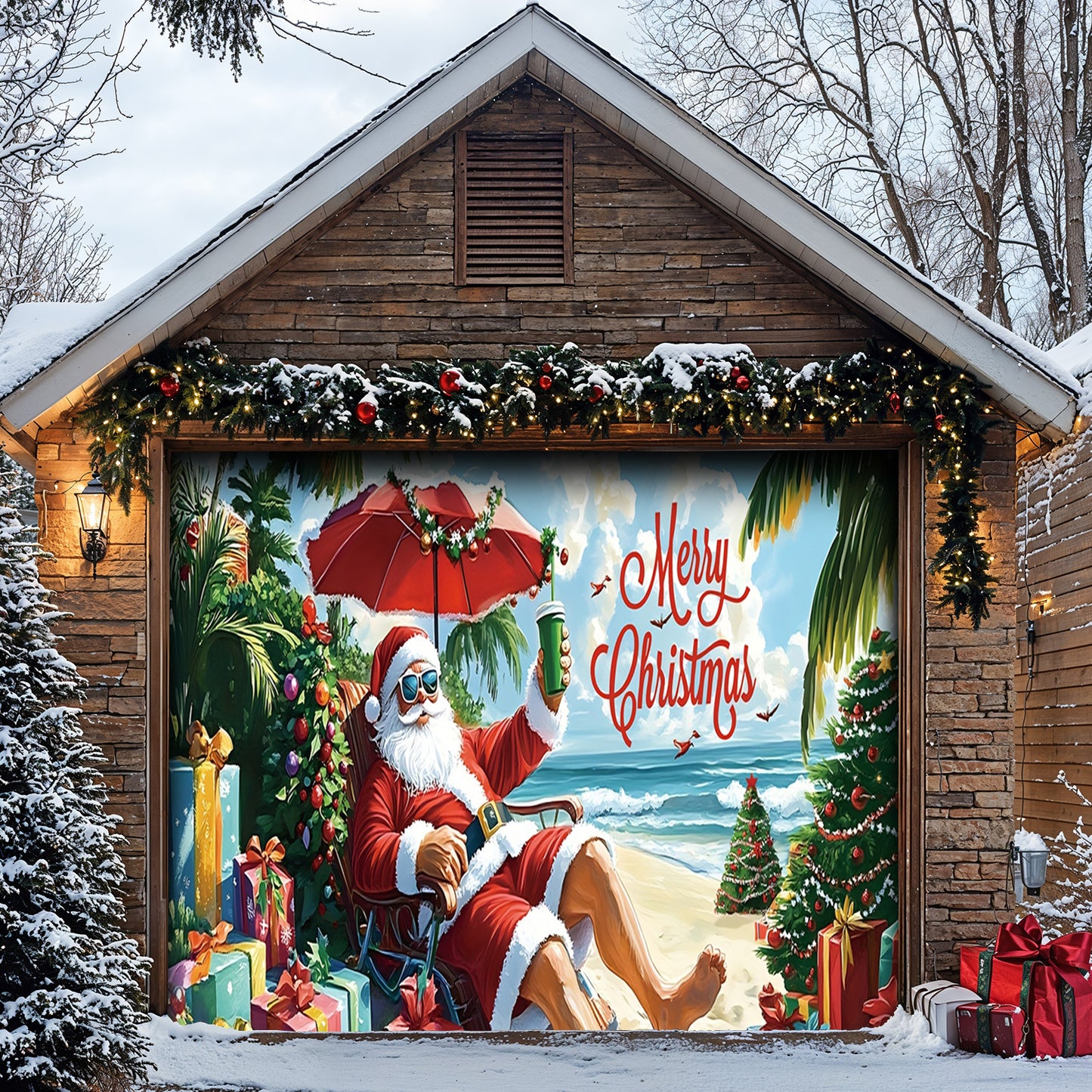 Lorva Garage Door Banner Decoration Santa On Beach