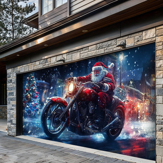 Lorva Chistmas Garage Door Banner Decoration Santa’s Midnight Motorcycle Run