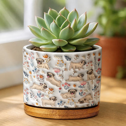 Lorva Pug Flat Print Ceramic Plant Pot Happy Field Flowers
