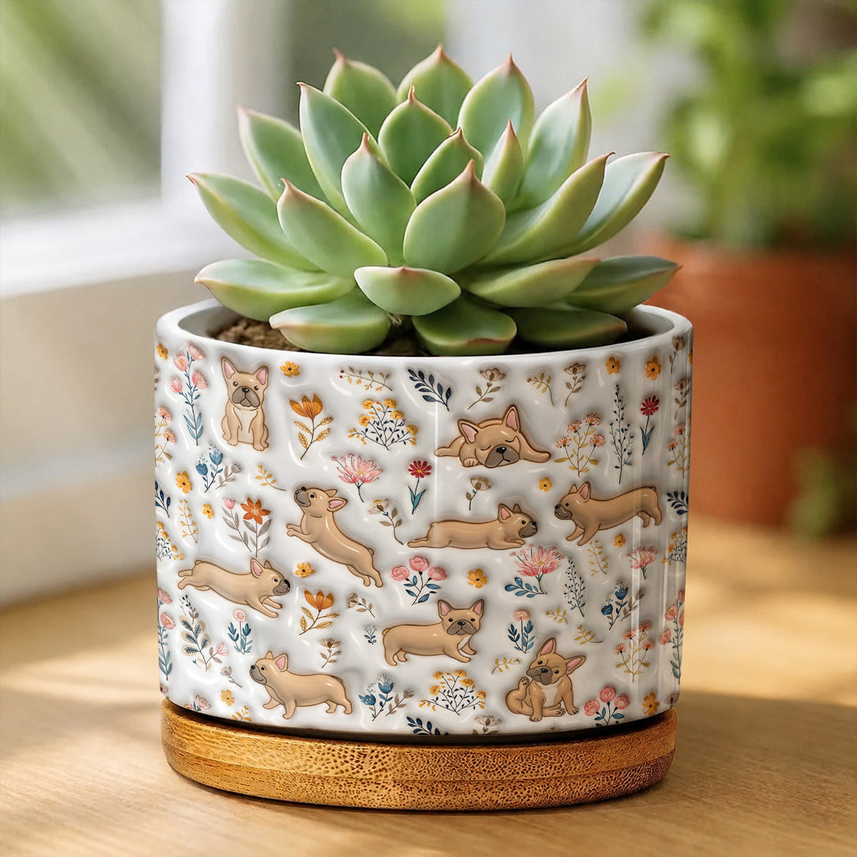 Lorva French Bulldog Flat Print Ceramic Plant Pot Happy Field Flowers