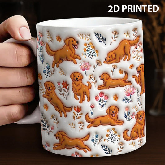 Lorva Red Golden Retriever Flat Print Mug Happy Field Flowers
