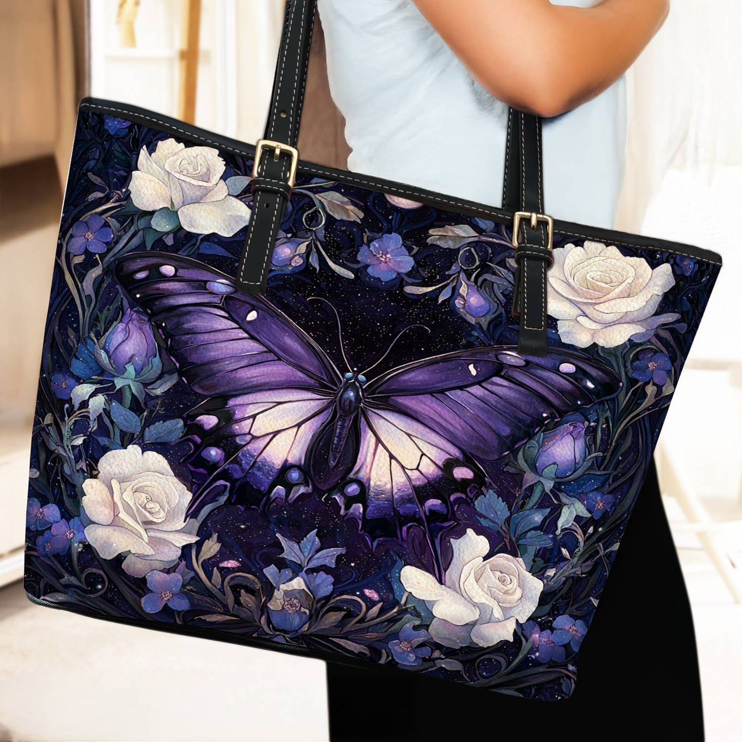 Lorva Butterfly Leather Tote Bag Celestial Rose Garden