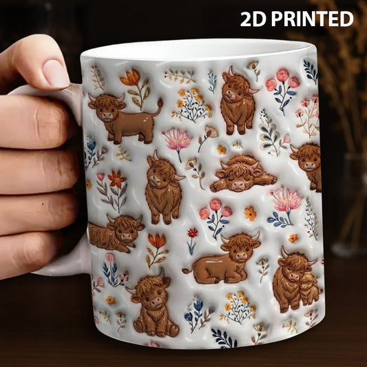 Lorva Highland Cow Flat Print Mug Happy Field Flowers