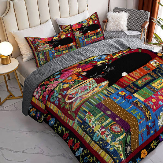 Lorva Cat All Season Quilt 3-Piece Set Whispers Of Flowers, Coffee, And A Stack Of Books