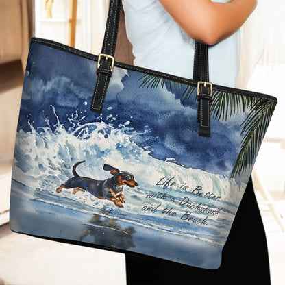 Lorva Dachshund Leather Tote Bag Waves & Wagging Tails
