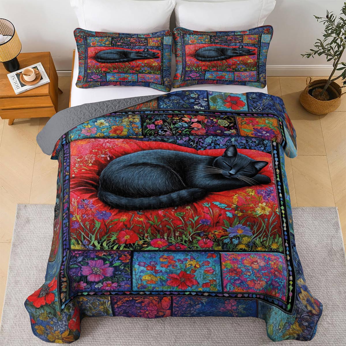 Lorva All Season Quilt 3-Piece Set Mystical Sleeping Black Cat