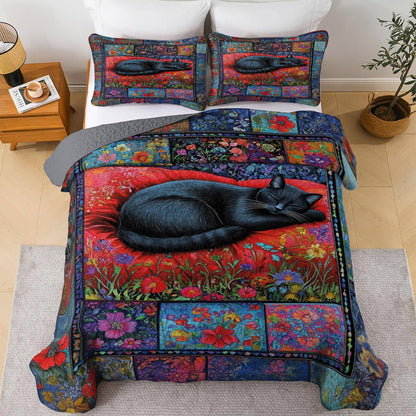 Lorva All Season Quilt 3-Piece Set Mystical Sleeping Black Cat