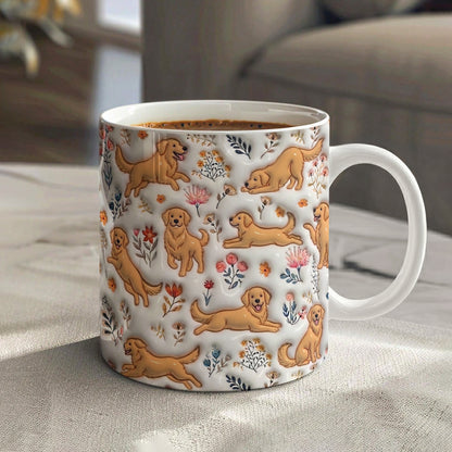 Lorva Golden Retriever Flat Print Mug Happy Field Flowers