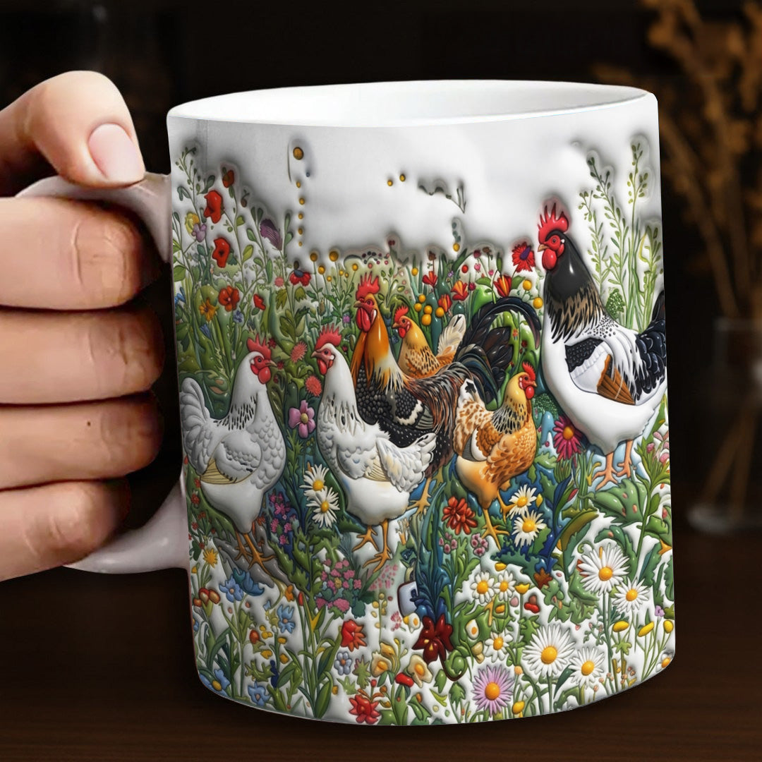 Lorva Chicken Flat Print Mug Happy Field Flowers