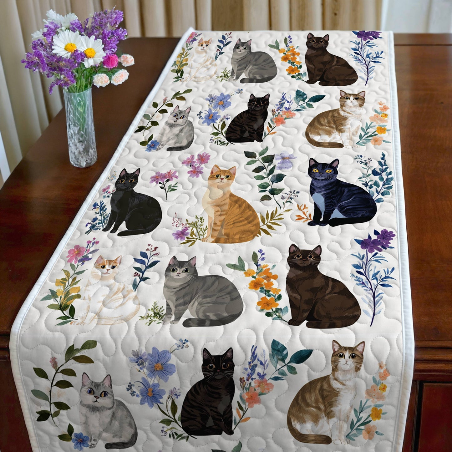 Lorva Quilted Table Runner Charming Floral Cats
