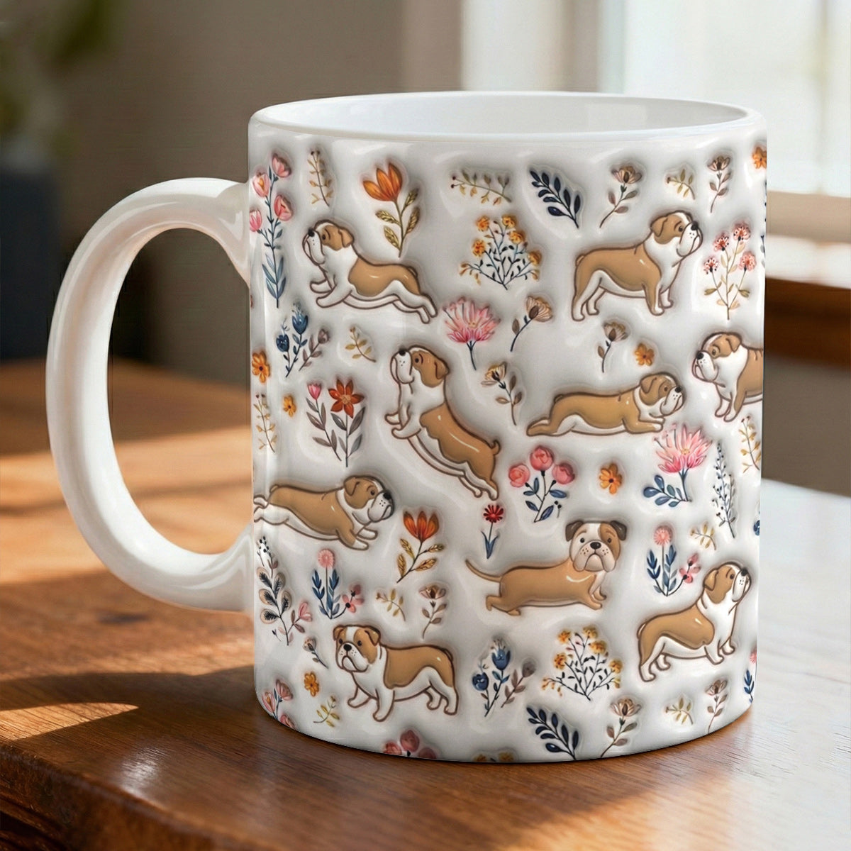 Lorva English Bulldog Flat Print Mug Happy Field Flowers