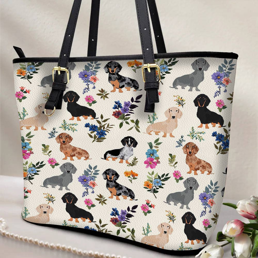 Lorva Leather Tote Bag Charming Floral Dachshunds