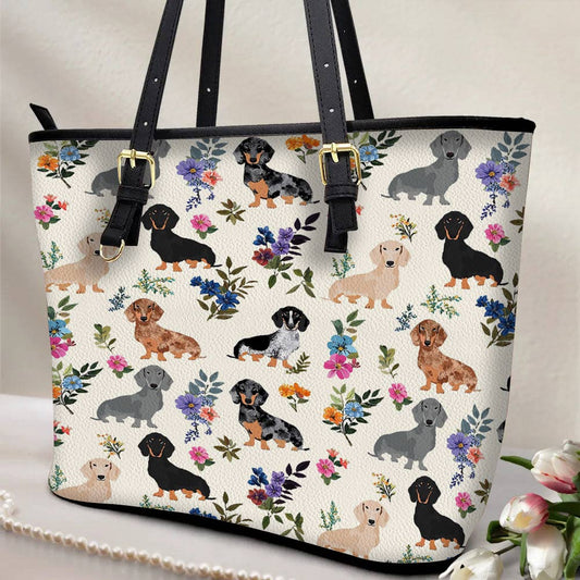 Lorva Leather Tote Bag Charming Floral Dachshunds