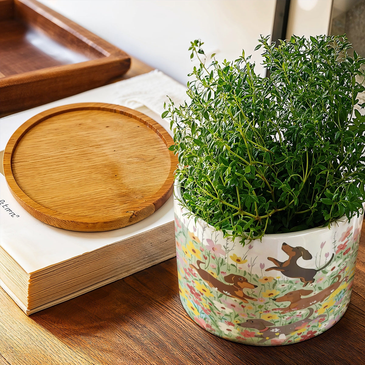 Lorva Dachshund Ceramic Plant Pot Happy Dachshunds In Flower Garden