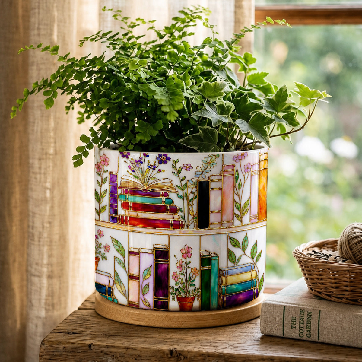 Lorva Reading Ceramic Plant Pot Charming Floral Bookshelf