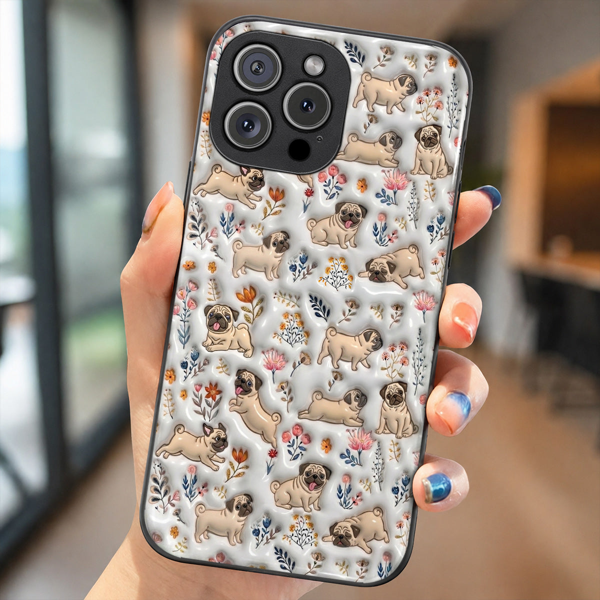 Lorva Pug Flat Print Phone Case Happy Field Flowers