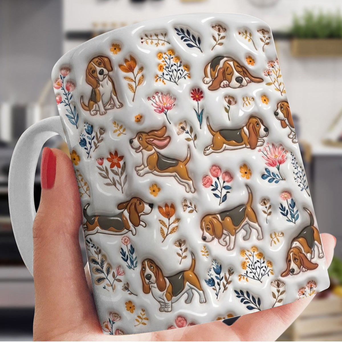 Lorva Basset Hound Flat Print Mug Happy Field Flowers