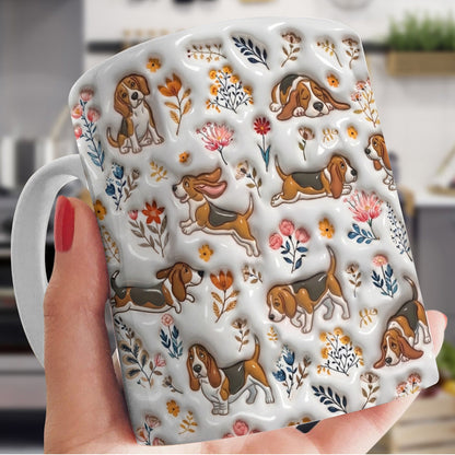 Lorva Basset Hound Flat Print Mug Happy Field Flowers