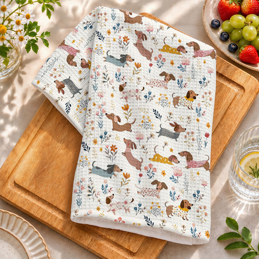 Lorva Dachshund Kitchen Towel Happy Field Flowers