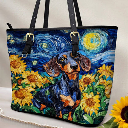 Lorva Leather Tote Bag Sunflowers & Starry Sky Dachshund
