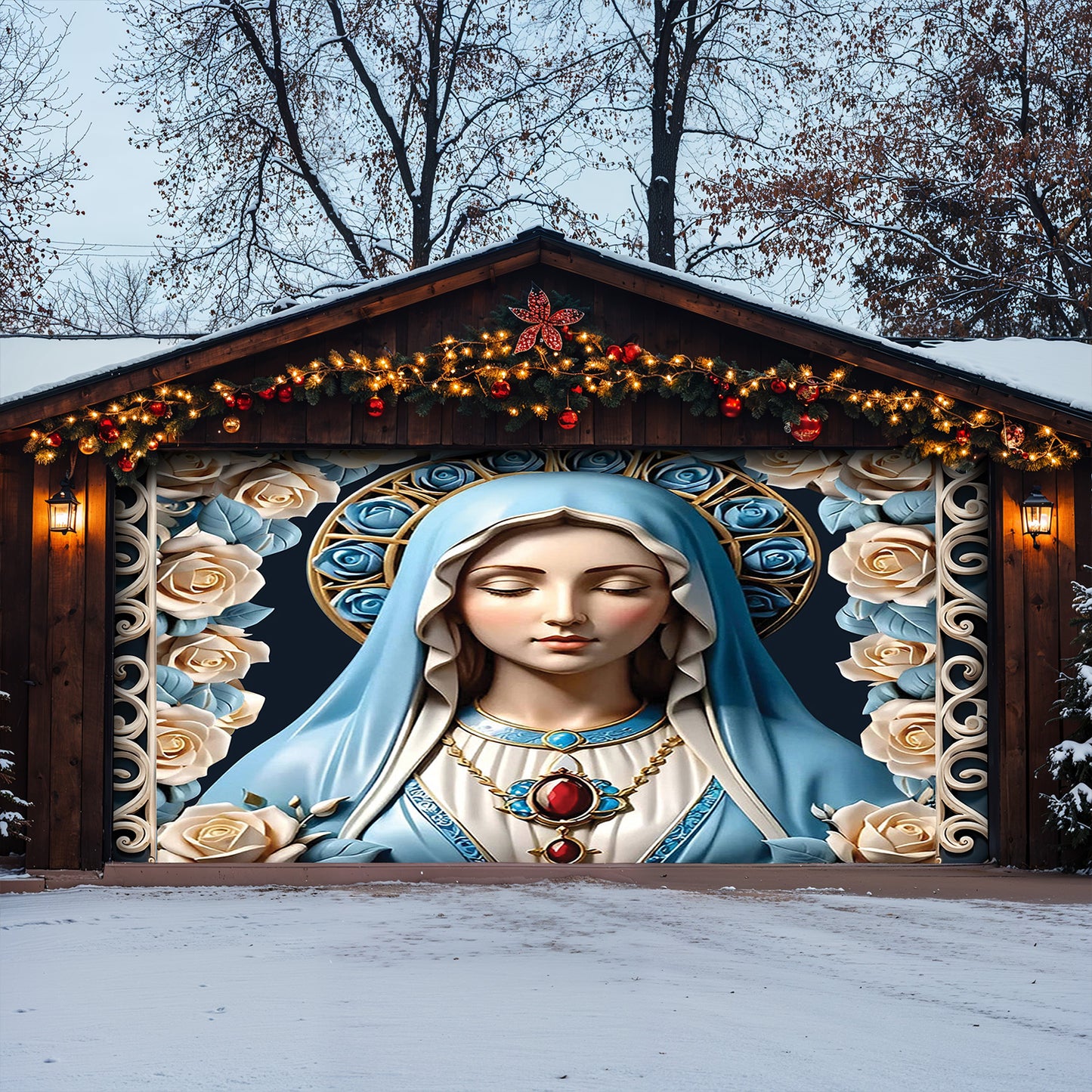 Lorva Christmas Garage Door Banner Decoration Blessed Virgin Mary