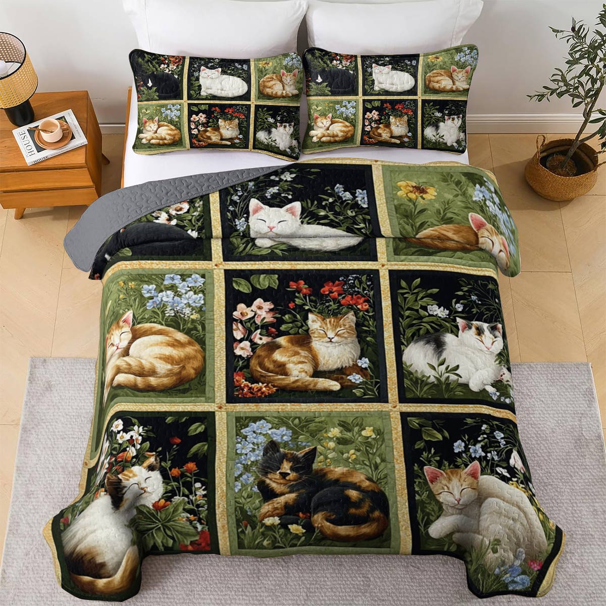Lorva All Season Quilt 3-Piece Set Natural Sleeping Cats Collection
