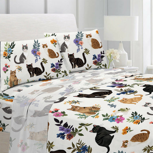Lorva 4-Piece Bed Sheet Set Cute Floral Cats