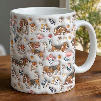 Lorva Basset Hound Flat Print Mug Happy Field Flowers