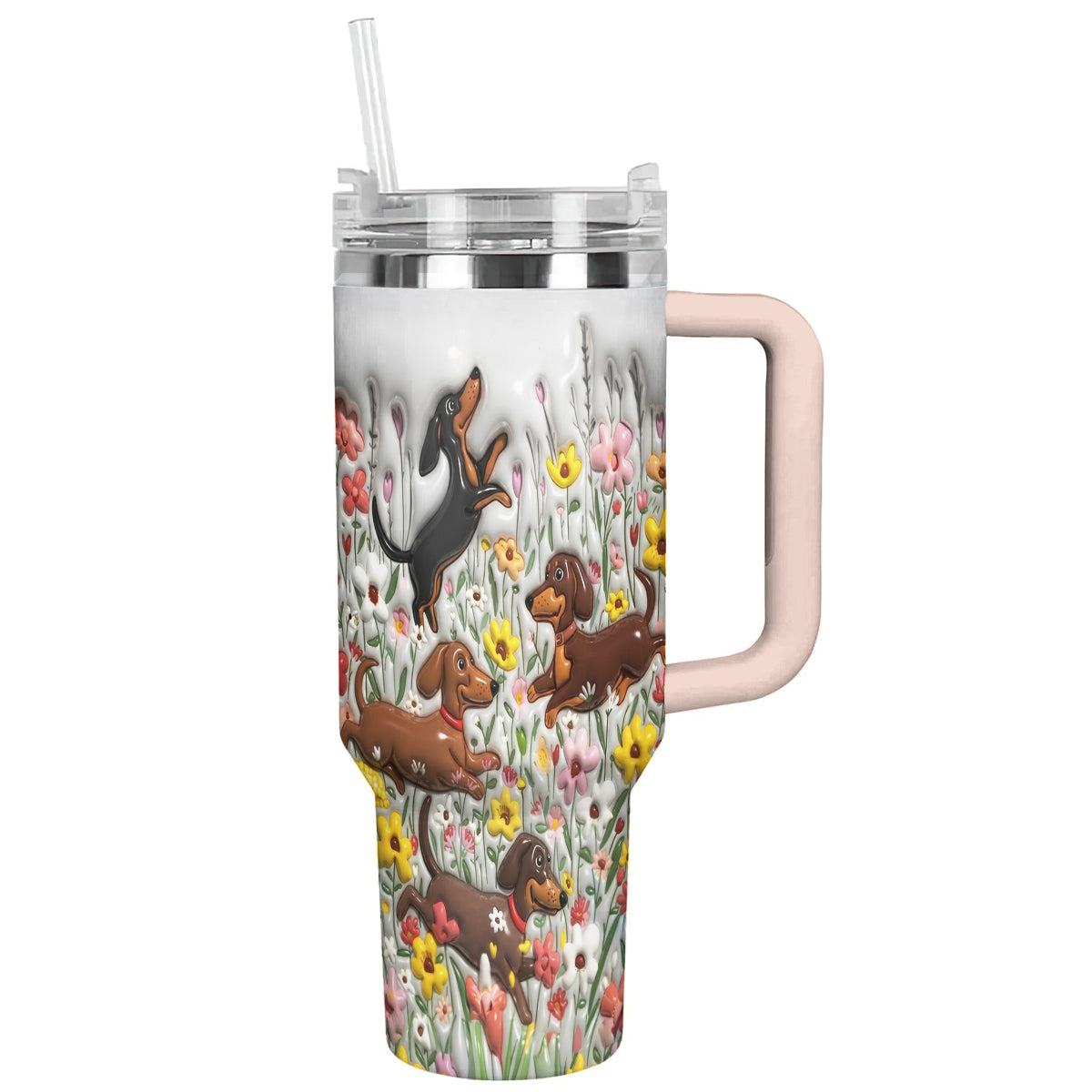 Lorva Tumbler Puffy Happy Dachshunds In Flower Garden