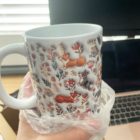 Lorva Corgi Flat Print Mug Happy Field Flowers