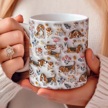 Lorva Basset Hound Flat Print Mug Happy Field Flowers