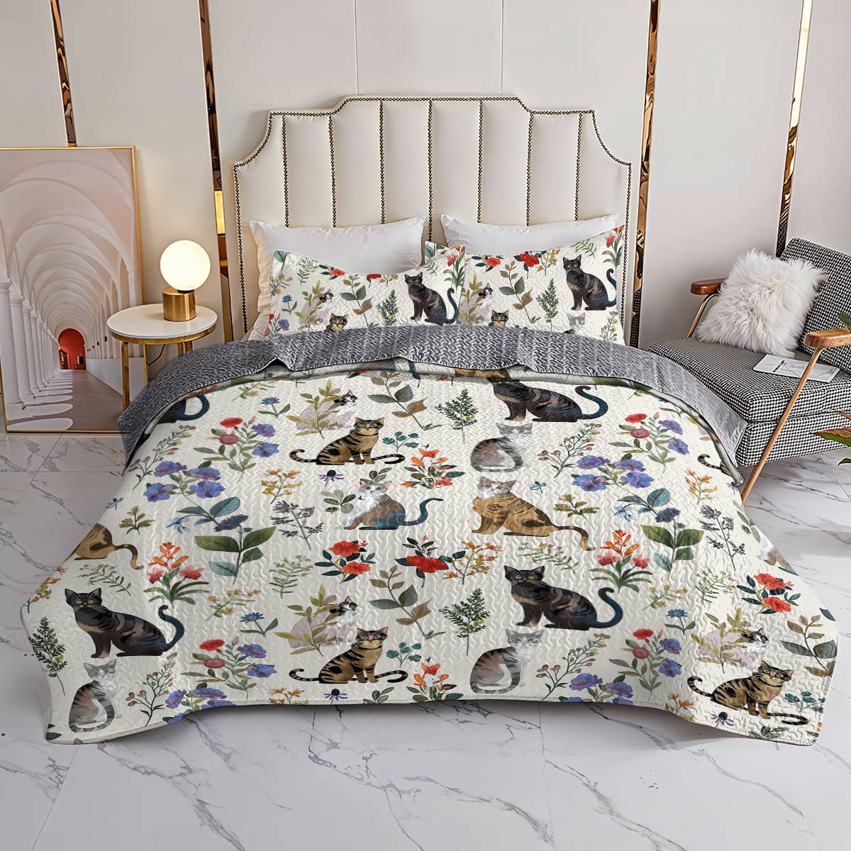 Lorva All Season Quilt 3-Piece Set Happy Floral Cats