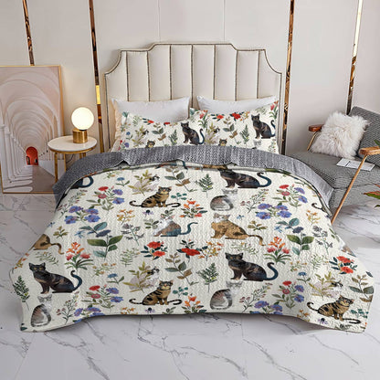 Lorva All Season Quilt 3-Piece Set Happy Floral Cats