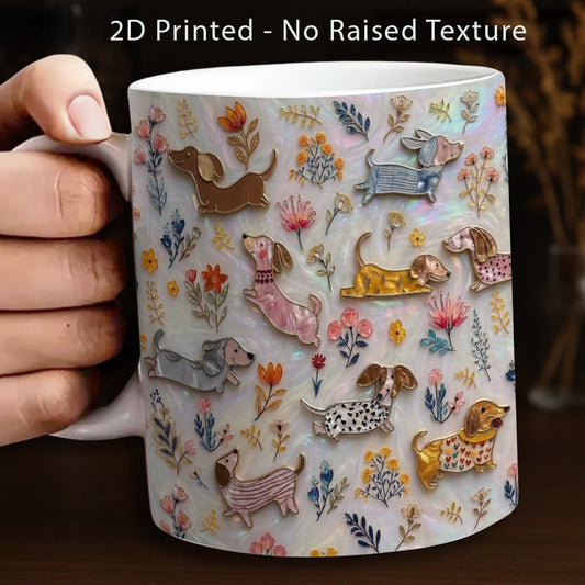 Lorva Dachshund Flat Print Mug Sparkling Happy Field Flowers