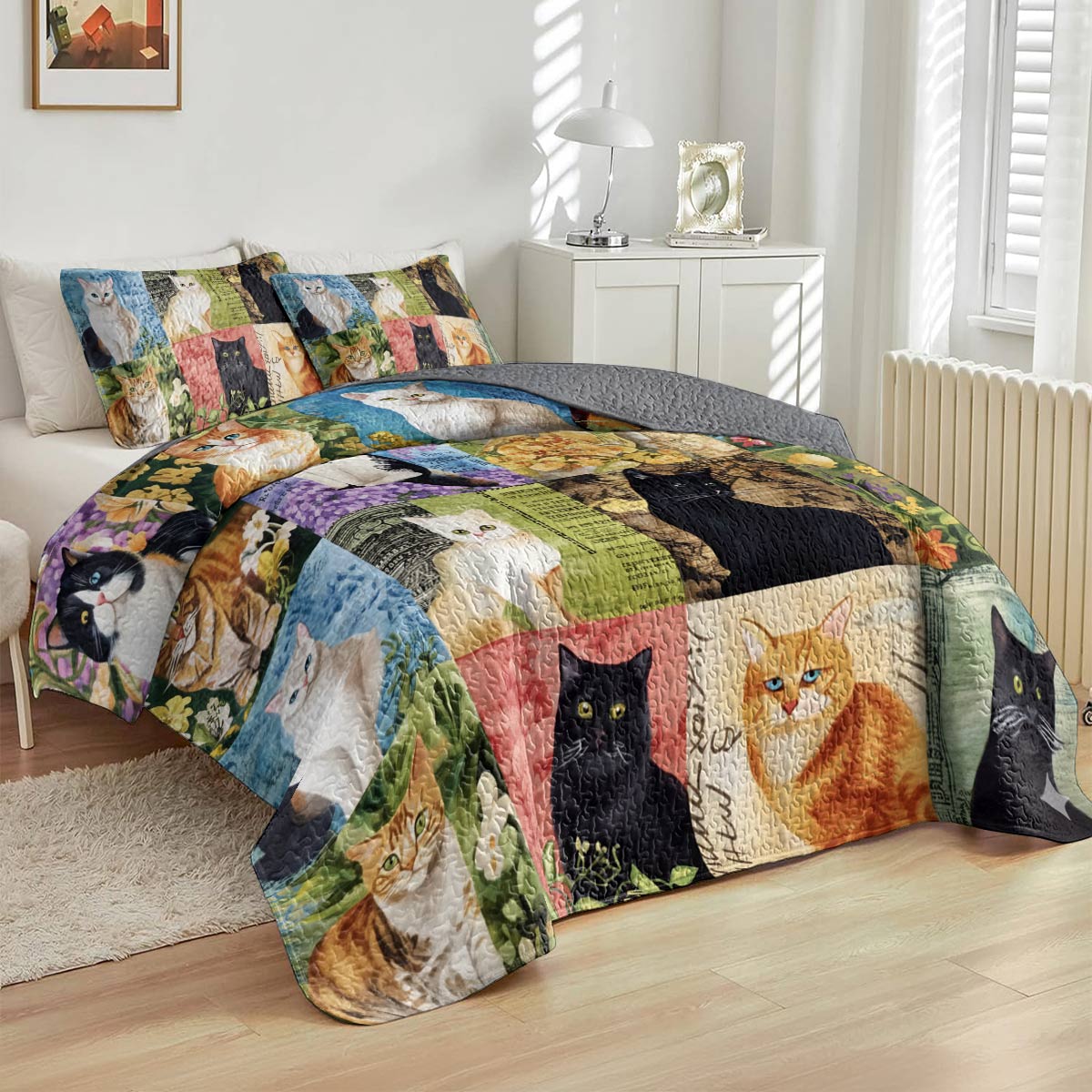 Lorva All Season Quilt 3-Piece Set Garden Kittens Delight