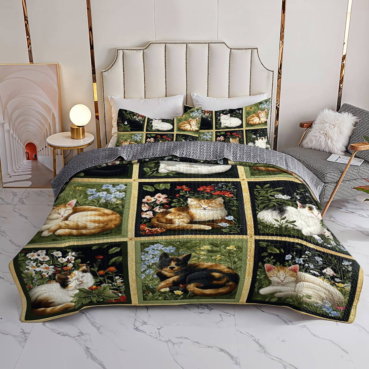 Lorva All Season Quilt 3-Piece Set Natural Sleeping Cats Collection