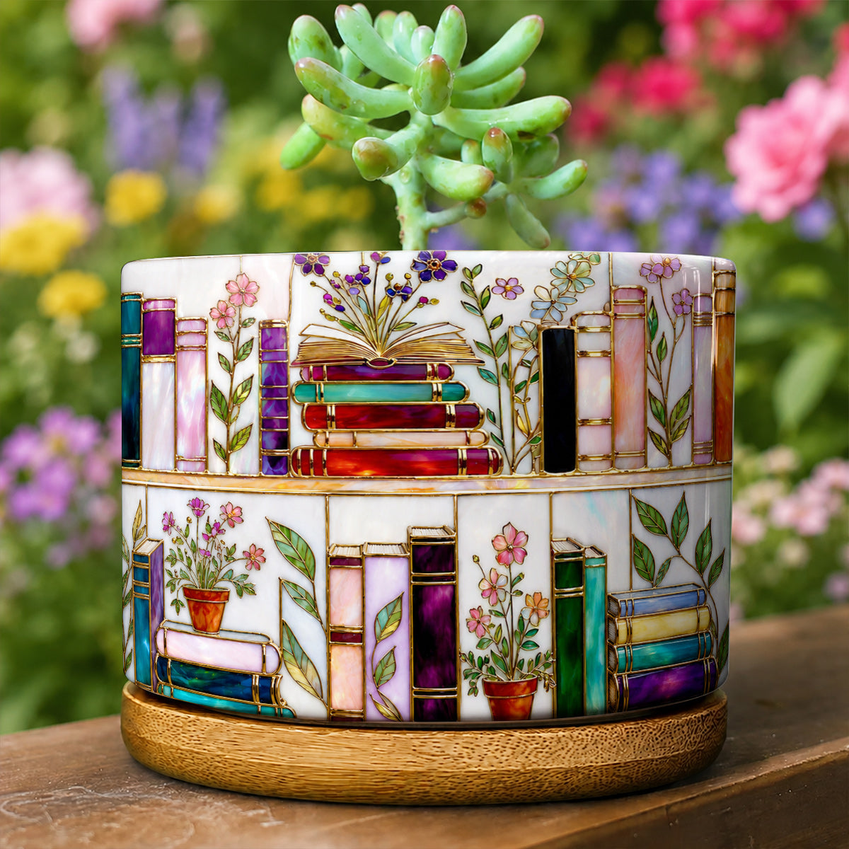 Lorva Reading Ceramic Plant Pot Charming Floral Bookshelf