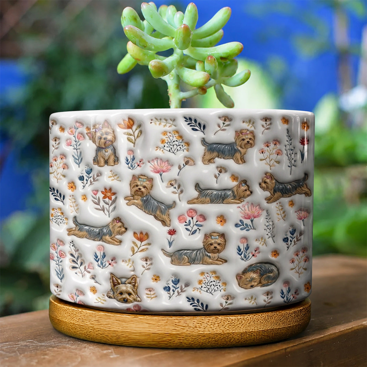 Lorva Yorkie Flat Print Ceramic Plant Pot Happy Field Flowers
