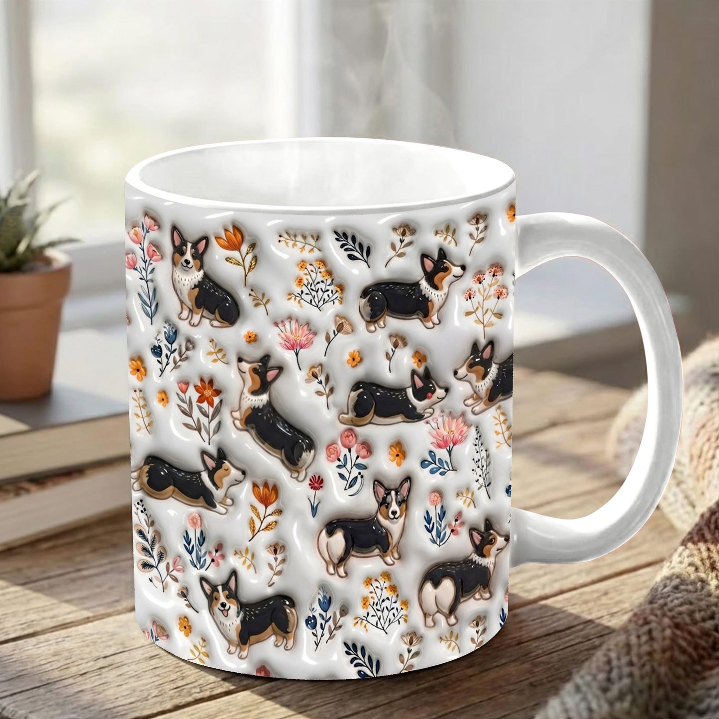 Lorva Corgi Flat Print Mug Joyful Field Flowers