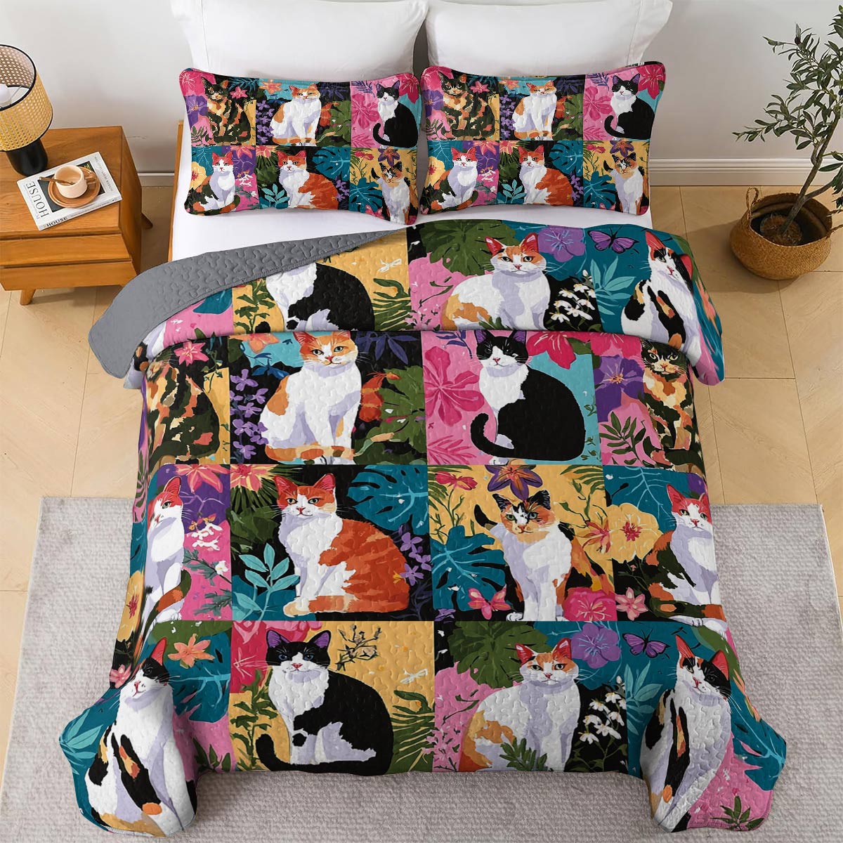 Lorva All Season Quilt 3-Piece Set Tropical Cat Garden