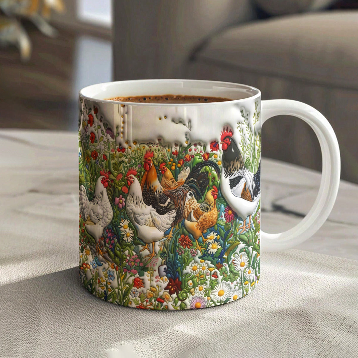 Lorva Chicken Flat Print Mug Happy Field Flowers
