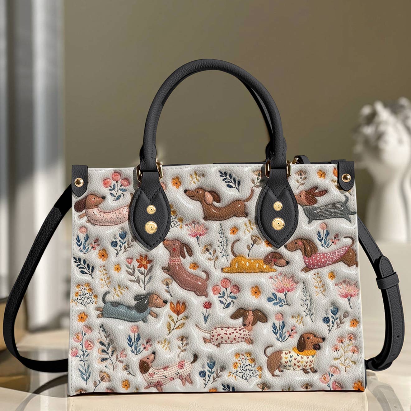 Lorva Dachshund Leather Bag Happy Field Flowers