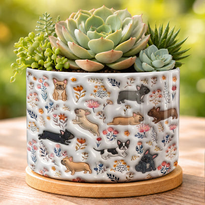 Lorva French Bulldog Flat Print Ceramic Plant Pot Happy Field Flowers